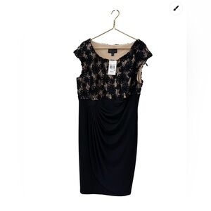 Elegant Black and Tan Lace Midi Special‎ Occasion Dress 16W